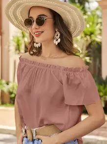 SHEIN VCAY 露肩荷叶边衬衫，短袖上衣