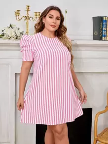 SHEIN Essnce 大碼條紋圖案泡泡袖直筒連衣裙 - 粉色 - 查看 3