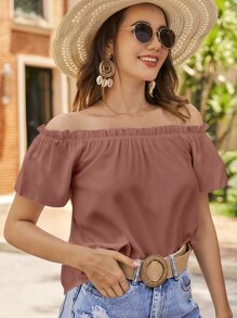 SHEIN VCAY 露肩荷叶边衬衫，短袖上衣