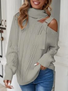 SHEIN LUNE Asymmetrical Neck Cut Out Buckled Detail Cable Knit Jumper - Grey - View 1