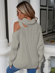 SHEIN LUNE Asymmetrical Neck Cut Out Buckled Detail Cable Knit Jumper - Grey - View 2