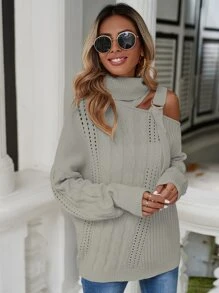 SHEIN LUNE Asymmetrical Neck Cut Out Buckled Detail Cable Knit Jumper - Grey - View 3