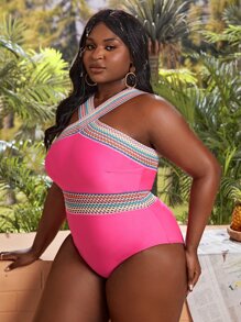 SHEIN Swim Curve Traje de baño de una pieza con detalle de ribete en contraste, talla grande para verano - Rosa Fucsia - Ver 3