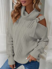 SHEIN LUNE Asymmetrical Neck Cut Out Buckled Detail Cable Knit Jumper - Grey - View 6
