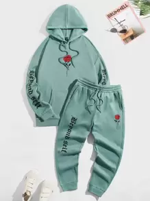 GENTILAND Men Floral And Letter Graphic Drawstring Hoodie & Joggers - Mint Green - View 1