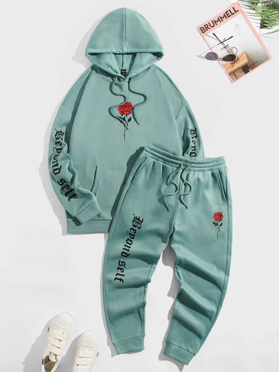 GENTILAND Men Floral And Letter Graphic Drawstring Hoodie & Joggers - Mint Green - View 1