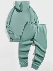 GENTILAND Men Floral And Letter Graphic Drawstring Hoodie & Joggers - Mint Green - View 2