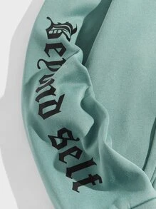 GENTILAND Men Floral And Letter Graphic Drawstring Hoodie & Joggers - Mint Green - View 3