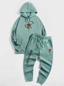 GENTILAND Men Floral And Letter Graphic Drawstring Hoodie & Joggers - Mint Green - View 4