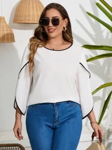 SHEIN LUNE Plus Contrast Binding Petal Sleeve Blouse - White - View 1
