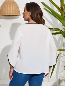 SHEIN LUNE Plus Contrast Binding Petal Sleeve Blouse - White - View 2