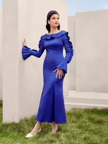 Modelyn Ruffle Trim Flounce Sleeve Mermaid Hem Dress - Royal Blue - View 1