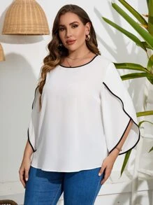SHEIN LUNE Plus Contrast Binding Petal Sleeve Blouse - White - View 4