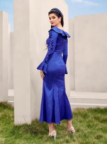 Modelyn Ruffle Trim Flounce Sleeve Mermaid Hem Dress - Royal Blue - View 2