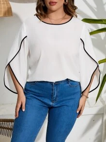 SHEIN LUNE Plus Contrast Binding Petal Sleeve Blouse - White - View 5