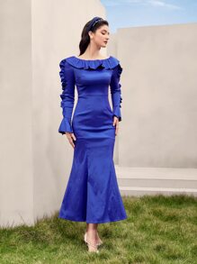 Modelyn Ruffle Trim Flounce Sleeve Mermaid Hem Dress - Royal Blue - View 3