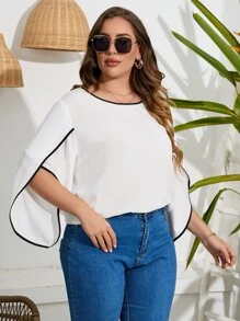 SHEIN LUNE Plus Contrast Binding Petal Sleeve Blouse - White - View 6