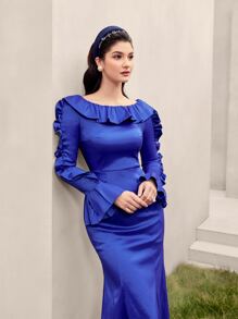Modelyn Ruffle Trim Flounce Sleeve Mermaid Hem Dress - Royal Blue - View 4