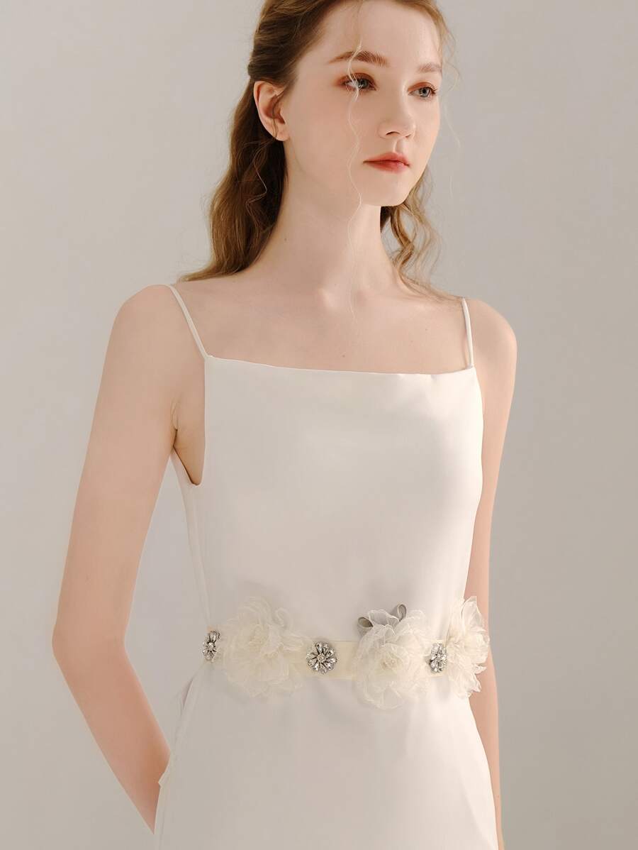 Rhinestone & Flower Decor Bridal Belt - White - View 1