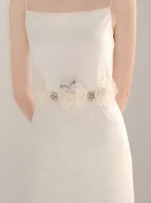 Rhinestone & Flower Decor Bridal Belt - White - View 2