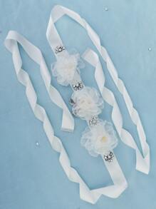 Rhinestone & Flower Decor Bridal Belt - White - View 3