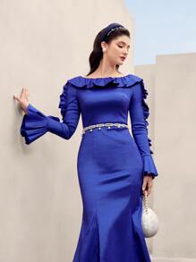 Modelyn Ruffle Trim Flounce Sleeve Mermaid Hem Dress - Royal Blue - View 6