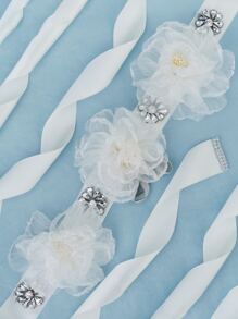 Rhinestone & Flower Decor Bridal Belt - White - View 5