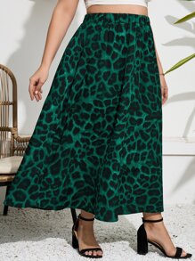 SHEIN LUNE Plus Allover Print Elastic Waist Skirt - Green - View 4