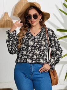 SHEIN LUNE Plus Allover Floral Print Flounce Sleeve Blouse - Black - View 2