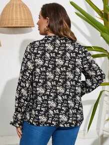 SHEIN LUNE Plus Allover Floral Print Flounce Sleeve Blouse - Black - View 3