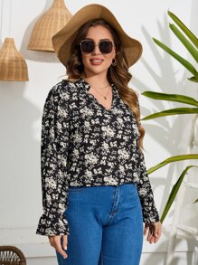 SHEIN LUNE Plus Allover Floral Print Flounce Sleeve Blouse - Black - View 4