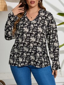 SHEIN LUNE Plus Allover Floral Print Flounce Sleeve Blouse - Black - View 1