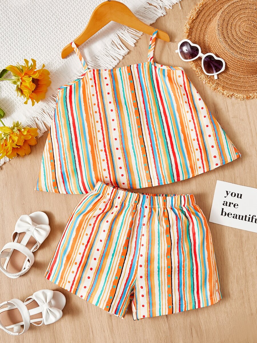SHEIN 年輕女孩條紋印花背心上衣和短褲 - 橘色 - 查看 1