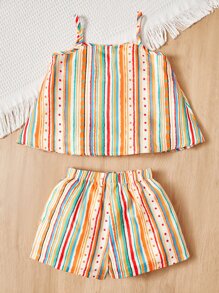 SHEIN 年輕女孩條紋印花背心上衣和短褲 - 橘色 - 查看 2