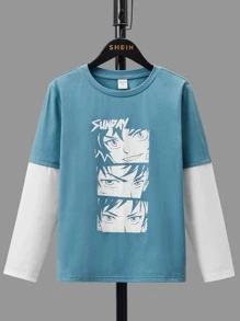 SHEIN Boys Japanese Letter & Figure Graphic 2 In 1 Tee - Blue - View 1