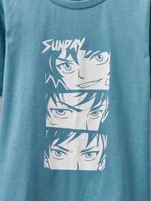 SHEIN Boys Japanese Letter & Figure Graphic 2 In 1 Tee - Blue - View 3