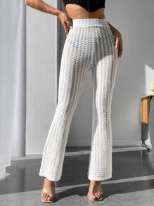 SHEIN PETITE 鏤空喇叭褲 - 白色 - 查看 4