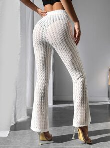 SHEIN PETITE 鏤空喇叭褲 - 白色 - 查看 2