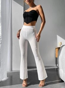 SHEIN PETITE 鏤空喇叭褲 - 白色 - 查看 3