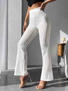 SHEIN PETITE 鏤空喇叭褲 - 白色 - 查看 1