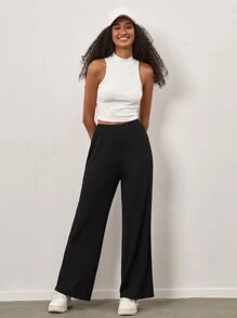 SHEIN BASICS Cotton Solid Elastic Waist Trousers - Black - View 1