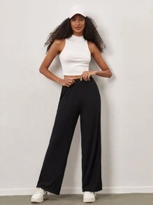SHEIN BASICS Cotton Solid Elastic Waist Trousers - Black - View 4