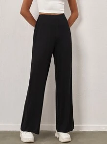 SHEIN BASICS Cotton Solid Elastic Waist Trousers - Black - View 5