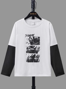 SHEIN Boys Japanese Letter & Figure Graphic 2 In 1 Tee - White - View 1