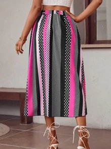 SHEIN LUNE Polka Dot & Striped Print Asymmetrical Ruffle Hem Skirt - Multicolor - View 2
