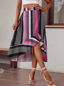 SHEIN LUNE Polka Dot & Striped Print Asymmetrical Ruffle Hem Skirt - Multicolor - View 5
