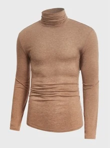 Manfinity NiteLyfe Hombres Camiseta unicolor de cuello cisne - Caqui - Ver 1