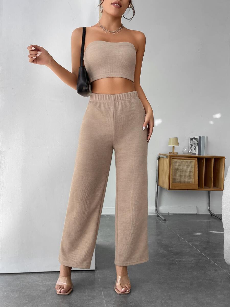 SHEIN PETITE Solid Crop Tube Top & Wide Leg Trousers - Apricot - View 1