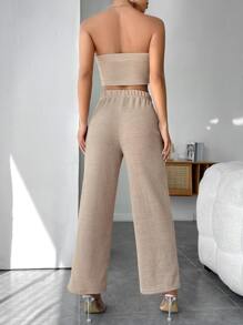 SHEIN PETITE Solid Crop Tube Top & Wide Leg Trousers - Apricot - View 2