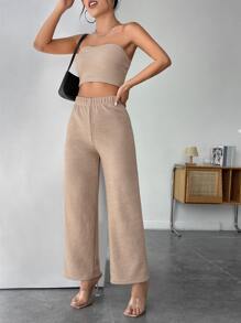 SHEIN PETITE Solid Crop Tube Top & Wide Leg Trousers - Apricot - View 3